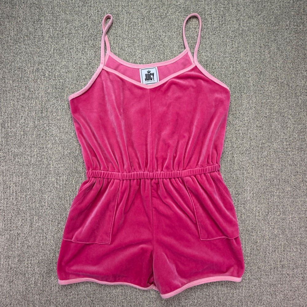 Juicy Couture Velour Romper Womens Small Pink Cami Spaghetti Strap Pocket Y2K